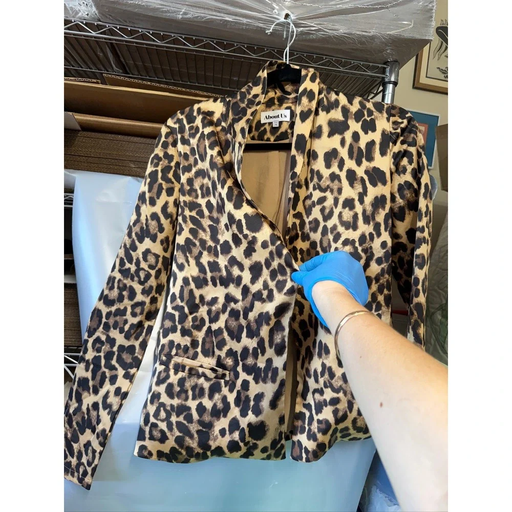 About Us Leopard Print Open Front Blazer Jacket Tan‎ Black XXS